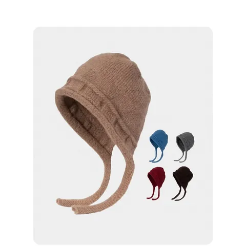 Women Warm Winter Knit Beanie Hat With Ear Protection Lace Up Solid Color Acrylic Ribbed Thermal Skull Cap For Outdoor