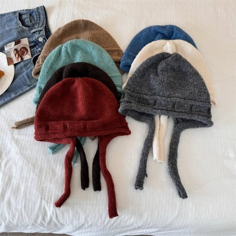 Women Warm Winter Knit Beanie Hat With Ear Protection Lace Up Solid Color Acrylic Ribbed Thermal Skull Cap For Outdoor