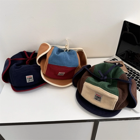 American Retro Contrast Color Acrylic Polar Fleece Trapper Hat Winter Ear Flap Windproof Bomber Hat For Adult And Kids Outdoor Warm Cap
