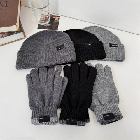 Winter Knitted Beanie And Touch Screen Gloves Set Solid Color Acrylic Warm Windproof Hat For Men Women Outdoor Casual Fashion