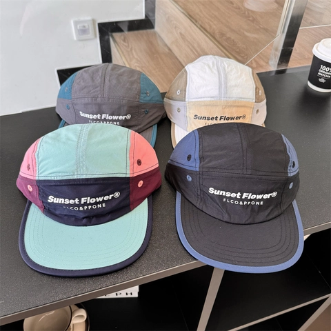 Japanese Style Outdoor Quick Dry 5-Panel Camp Cap For Women Retro Patchwork Flat Brim Baseball Hat Adjustable Sun Hat