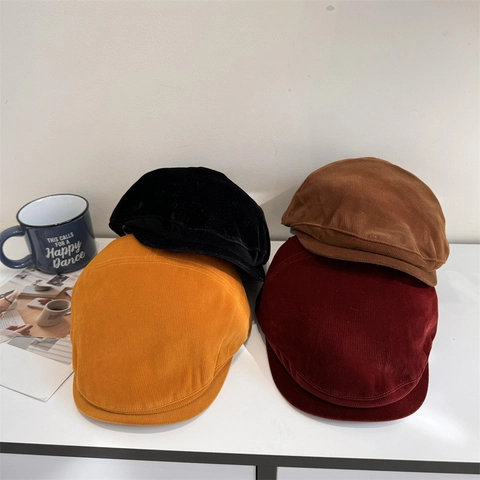 Vintage Corduroy Newsboy Cap For Women Men Solid Color Autumn Winter Beret Hat Retro Adjustable Cabbie Flat Cap Warm Painter Hat