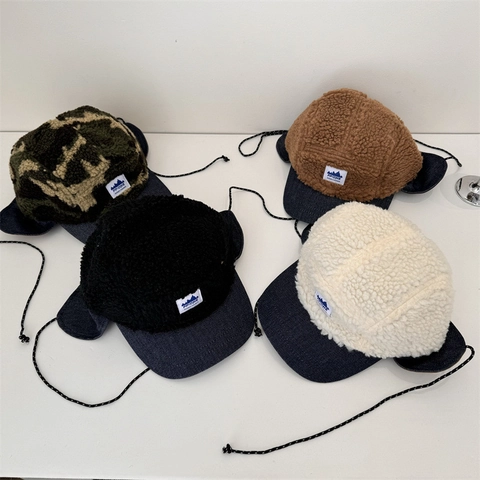 Warm Sherpa Fleece Trapper Hat Camouflage Patchwork Baseball Cap With Ear Flaps Winter Windproof Thermal Hat For Men Women Kids