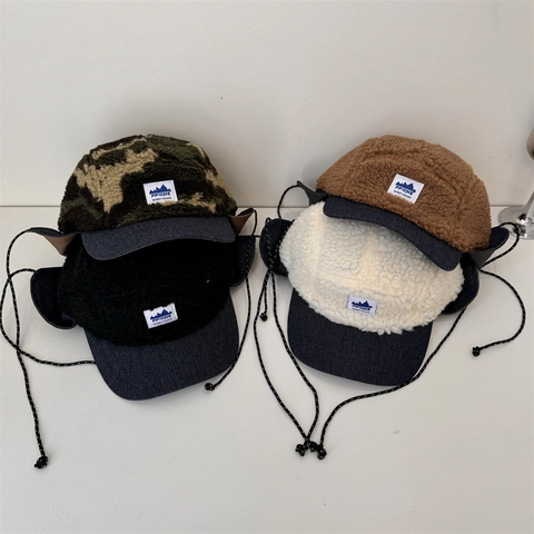 Warm Sherpa Fleece Trapper Hat Camouflage Patchwork Baseball Cap With Ear Flaps Winter Windproof Thermal Hat For Men Women Kids
