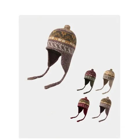 Cute Retro Jacquard Knit Beanie Hat For Women Acrylic Winter Warm Earflap Hat With Braids And Pompom Ethnic Style Beanie