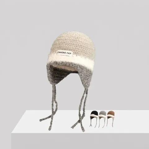 Damen Handgehäkelte Strickmütze Mit Ohrenklappen Farblock Warme Wintermütze Mit Langen Bändern Acryl Kopfbedeckung Für Frauen