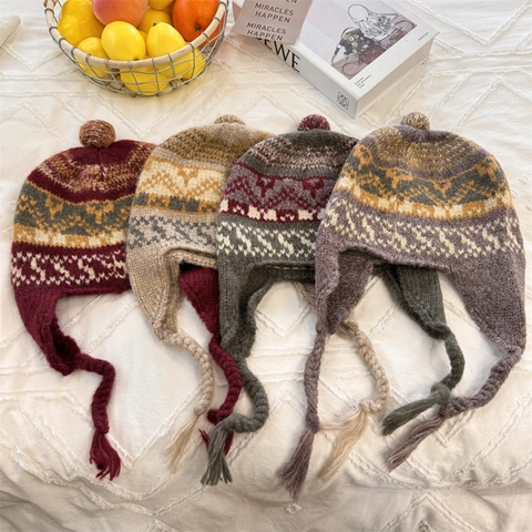 Cute Retro Jacquard Knit Beanie Hat For Women Acrylic Winter Warm Earflap Hat With Braids And Pompom Ethnic Style Beanie