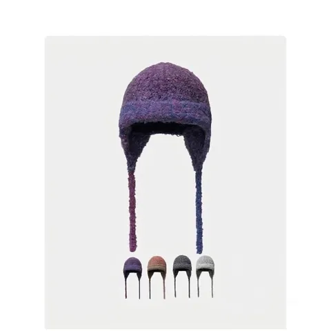 Women Winter Warm Acrylic Knit Earflap Beanie Hat Gradient Textured Soft Plush Aviator Trapper Cap With Straps For Daily Wear