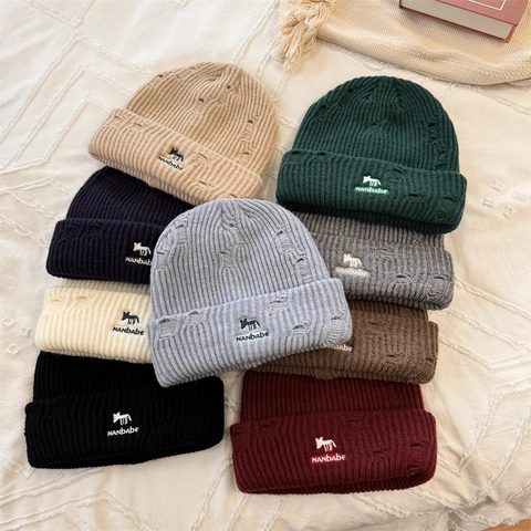 Distressed Knitted Beanie For Women Men Winter Warm Acrylic Fox Embroidery Ripped Skull Cap Hip Hop Casual Hat