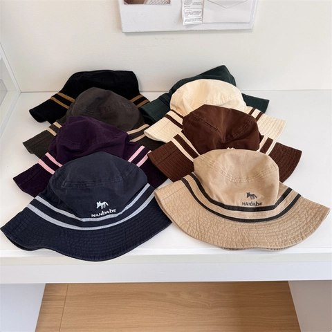 Women Korean Style Acrylic Bucket Hat With Fox Embroidery And Striped Pattern Casual Sunshade Wide Brim Basin Hat