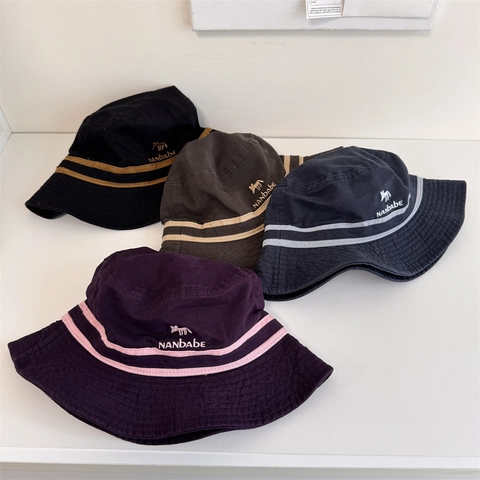 Women Korean Style Acrylic Bucket Hat With Fox Embroidery And Striped Pattern Casual Sunshade Wide Brim Basin Hat