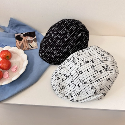 Vintage Stripe Dog Print Newsboy Cap For Women Retro Acrylic Flat Cap Adjustable Beret Hat Casual Stylish Sunshade Headwear