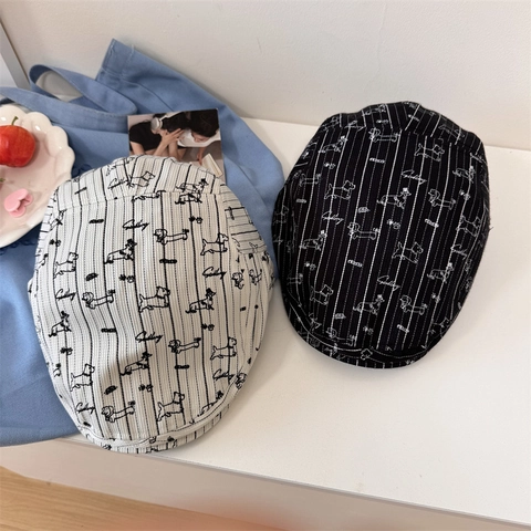 Vintage Stripe Dog Print Newsboy Cap For Women Retro Acrylic Flat Cap Adjustable Beret Hat Casual Stylish Sunshade Headwear
