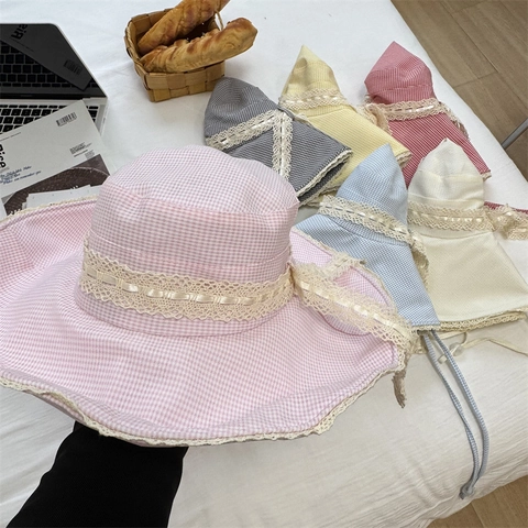 Gingham Pattern Lace Trim Wide Brim Bucket Hat For Women Summer Sun Protection Foldable Ribbon Bow Fisherman Hat