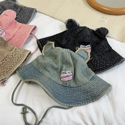 Lindo Sombrero de Pescador de Denim Lavado con Orejas de Oso para Mujer Estilo Vintage Bordado Protección Solar