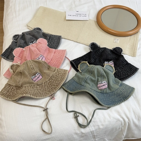 Lindo Sombrero de Pescador de Denim Lavado con Orejas de Oso para Mujer Estilo Vintage Bordado Protección Solar