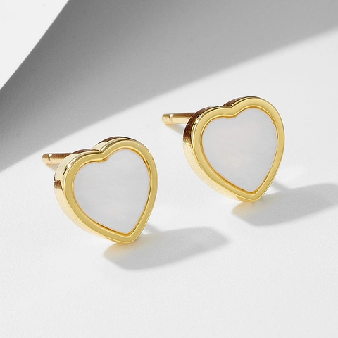 Pendientes de Botón de Corazón de Plata de Ley S925 Minimalistas Incrustación de Concha Nácar Joyería Mujer Oro Plata
