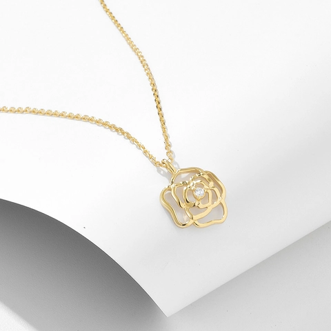 Vintage Hollow Rose Flower 925 Sterling Silver Necklace Rhinestone Camellia Pendant Clavicle Chain Jewelry For Women