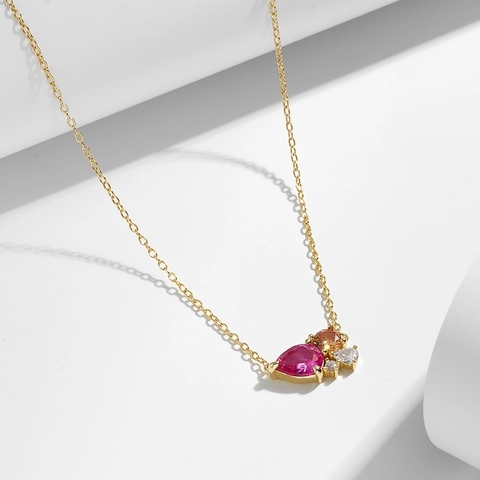 925 Sterling Zilver Vergulde Halsketting Voor Vrouwen Roze Druppel Zirconia Hanger Kleurrijke Edelsteen Sleutelbeen Ketting