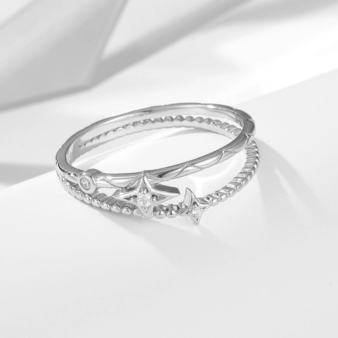 Anillo de Estrella de Doble Capa de Plata de Ley 925 para Mujer Diamante de Imitación Incrustado Oro Plata Color Galvanizado Anillo de Dedo Moda Joyería Regalo
