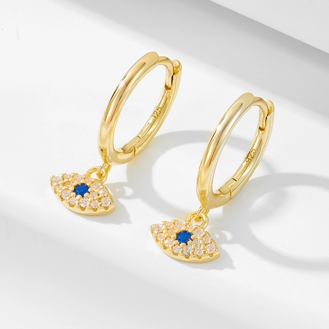 925 Sterling Silver Evil Eye Hoop Earrings For Women Vintage Blue Rhinestone Inlaid Hinge Huggie Earrings Fashion Jewelry
