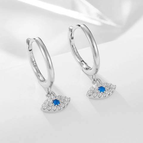 925 Sterling Silver Evil Eye Hoop Earrings For Women Vintage Blue Rhinestone Inlaid Hinge Huggie Earrings Fashion Jewelry