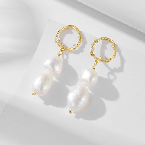 Pendientes Largos de Perlas de Agua Dulce Barrocas Retro Francesas Plata de Ley 925 Pendientes Geométricos de Strass para Mujer Joyas de Boda