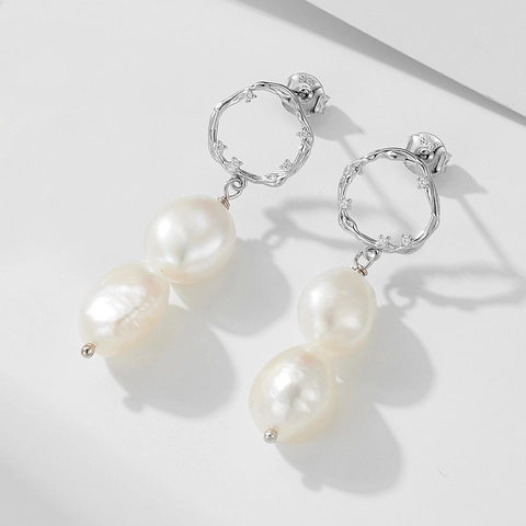 Pendientes Largos de Perlas de Agua Dulce Barrocas Retro Francesas Plata de Ley 925 Pendientes Geométricos de Strass para Mujer Joyas de Boda