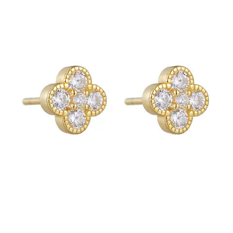 Pendientes de Botón de Trébol de Circonia de Plata de Ley 925 para Mujer Elegante Color Oro Plata Borde de Milgrain Joyería