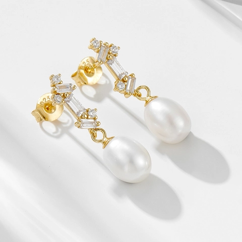 925 Sterling Silver Artificial Pearl Pendant Earrings For Women French Vintage Geometric Rhinestone Stud Earrings Elegant Jewelry