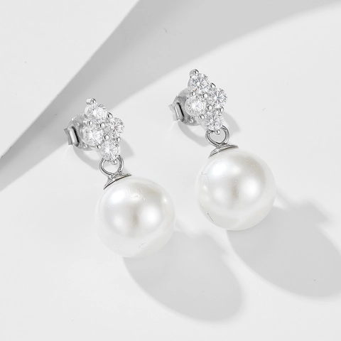Pendientes de Perla Artificial de Trébol de Cuatro Hojas con Poste de Plata de Ley S925 Estilo Coreano con Diamantes de Imitación Joyería Mujer