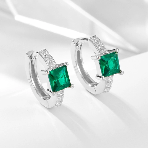 925 Sterling Silver Emerald Green Zirconia Huggie Hoop Earrings For Women Luxury Square Cut White Zirconia Earrings Jewelry Gift