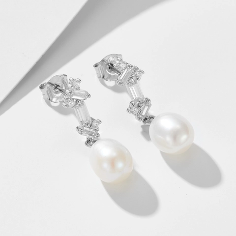925 Sterling Silver Artificial Pearl Pendant Earrings For Women French Vintage Geometric Rhinestone Stud Earrings Elegant Jewelry