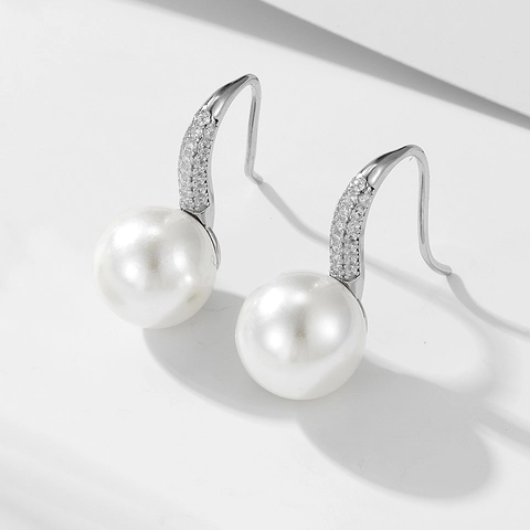 Orecchini a Gancio in Argento Sterling 925 con Perla Artificiale Forma Tacco Alto Zirconia Intarsiata Gioielli Eleganti Donna