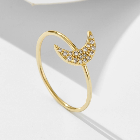 S925 Sterling Silver Crescent Moon Ring For Women Gold Plated Micro Pave Zirconia Minimalist Fashion Jewelry Finger Ring Gift