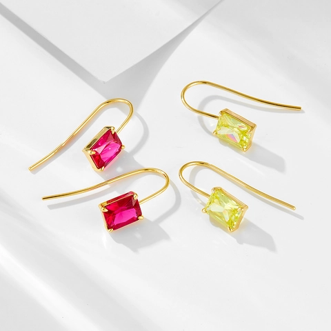 925 Sterling Silver Colorful Square Zirconia Stud Earrings 14K Gold Plated Emerald Cut Geometric Stone Jewelry For Women