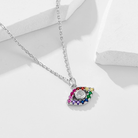 925 Sterlingsilber Regenbogen Zirkonia Böser Blick Anhänger Halskette Für Damen Bunte Zirkon Eingelegte Schlüsselbeinkette Schmuck Geschenk