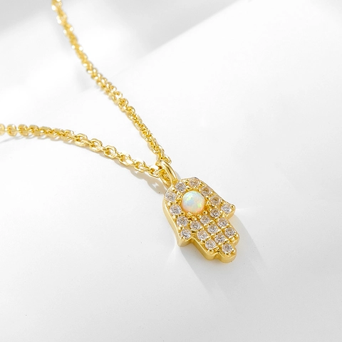 Collana in Argento Sterling 925 Mano di Fatima per Donna con Opale Artificiale Intarsiato e Strass Raffinati Ciondoli