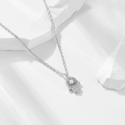 Collana in Argento Sterling 925 Mano di Fatima per Donna con Opale Artificiale Intarsiato e Strass Raffinati Ciondoli