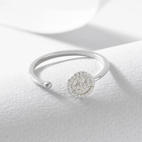 925 Argento Sterling Smiley Face Anello Aperto Regolabile Micro Zirconia Intarsiato Minimalista Moda Gioielli per Donna Oro Argento