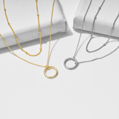 925 Sterling Zilveren Dubbellaagse Halsketting Voor Dames Geometrische Ronde Hanger Satelliet Ketting Sieraden