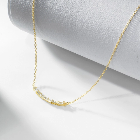 925 Sterling Silver Baguette Rhinestone Smile Pendant Necklace Minimalist Geometric Cable Chain For Women Fashion Jewelry