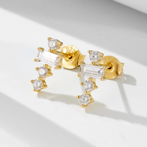 925 Sterling Silver Geometric Square Stud Earrings Rhinestone Inlaid Fashion Commuter Jewelry For Women Silver Gold Finish