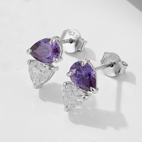 Orecchini a Bottone in Argento Sterling S925 Zirconia Viola a Forma di Pera per Donna Eleganti Orecchini Geometrici a Goccia