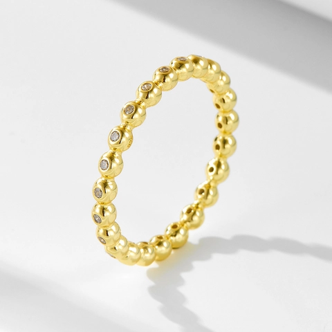 Anillo de Cuentas de Plata de Ley 925 Minimalista Para Mujer Anillo de Banda de Bola Redonda de Diamantes de Imitación Chapado en Oro Plata