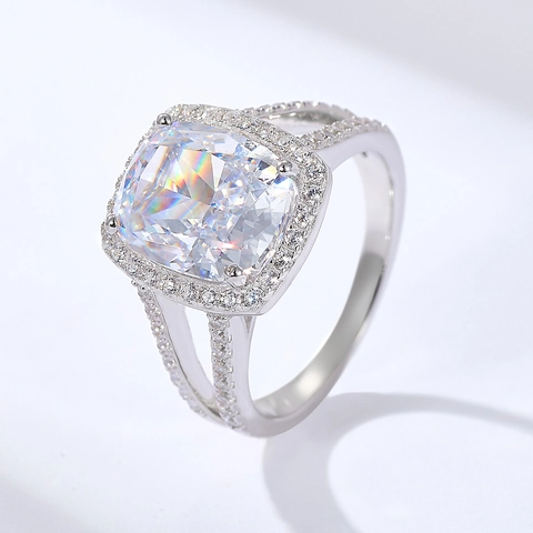 Luxury 925 Sterling Silver Cushion Cut Zirconia Halo Ring For Women Split Shank Inlaid Rhinestone Engagement Wedding Jewelry
