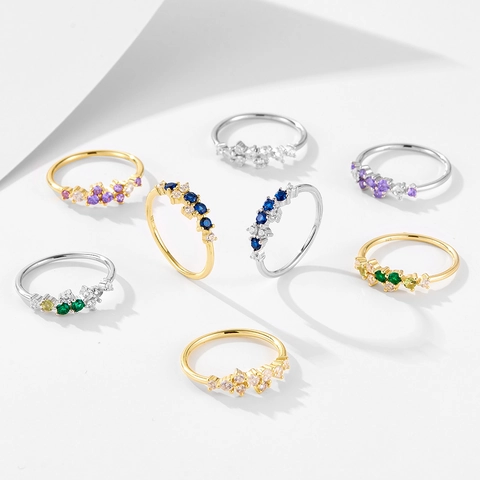 Anillo de Plata de Ley 925 Con Diamantes de Imitación de Varios Colores para Mujer Anillo de Dedo de Banda Delgada Geométrico