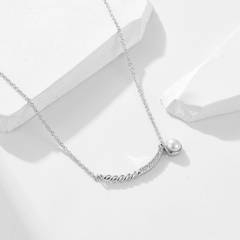 925 Sterling Silver Crescent Pendant Necklace Women Artificial Pearl Rhinestone Minimalist Smile Clavicle Chain Jewelry
