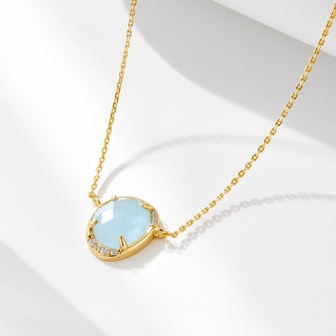 Collana con Ciondolo in Argento Sterling 925 Strass Blu Ovale Placcata Oro Argento Catena Geometrica Gioielli Moda per Donna