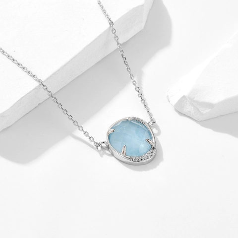 Collana con Ciondolo in Argento Sterling 925 Strass Blu Ovale Placcata Oro Argento Catena Geometrica Gioielli Moda per Donna